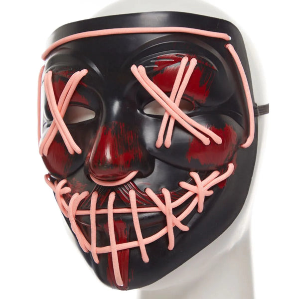Black mask with red and pink accents on a white background