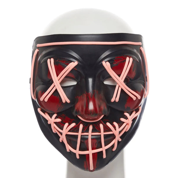 Black mask with red and pink accents on a white background front vew