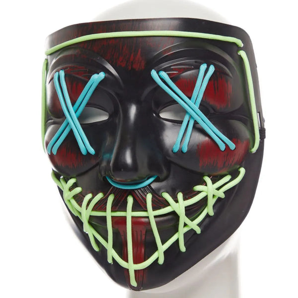 Black mask with red eyes, blue X's over eyes, and green stitches on a white background