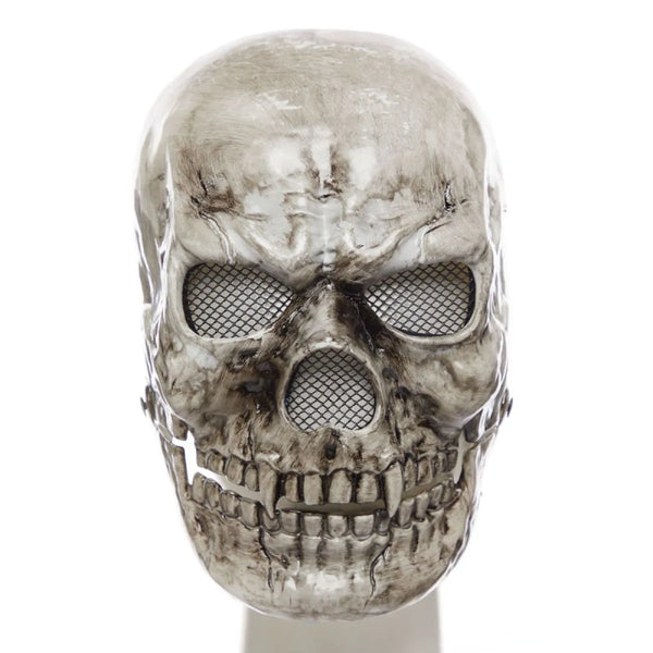 Skull-shaped mask with mesh face design and moving jaw on a white background