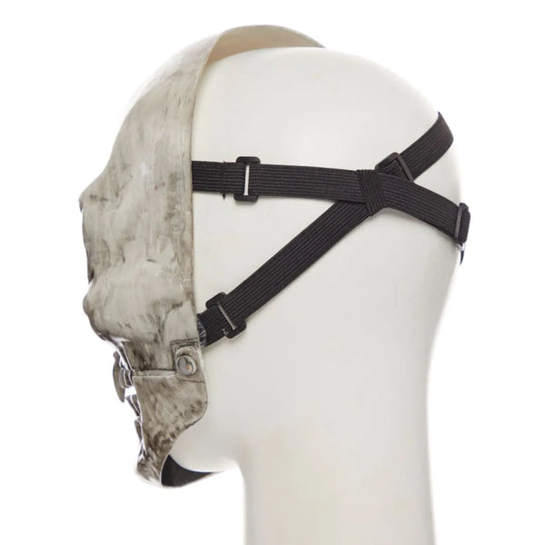 Skeleton Moving Jaw Mask with black strap on a mannequin head against a white background