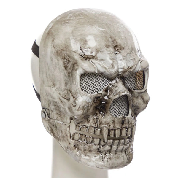 Skull-shaped mask with mesh face design on a white background