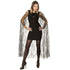 Woman wearing a black dress with a spiderweb cape on a white background