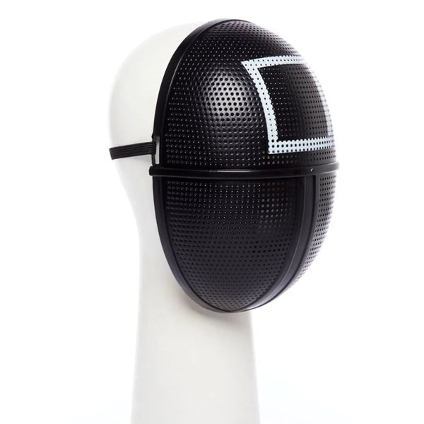 Squid Game Black Square mask on a white mannequin head with a white background