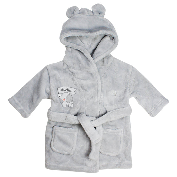 Baby Dressing Gown Personalised Elephant 0-6 Months Grey Hooded Baby Dressing Gown