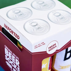 Close up of a 4 pack of socks beer themed box