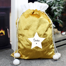 Christmas Sack Personalised Star Luxury Pom Pom Gold Sack