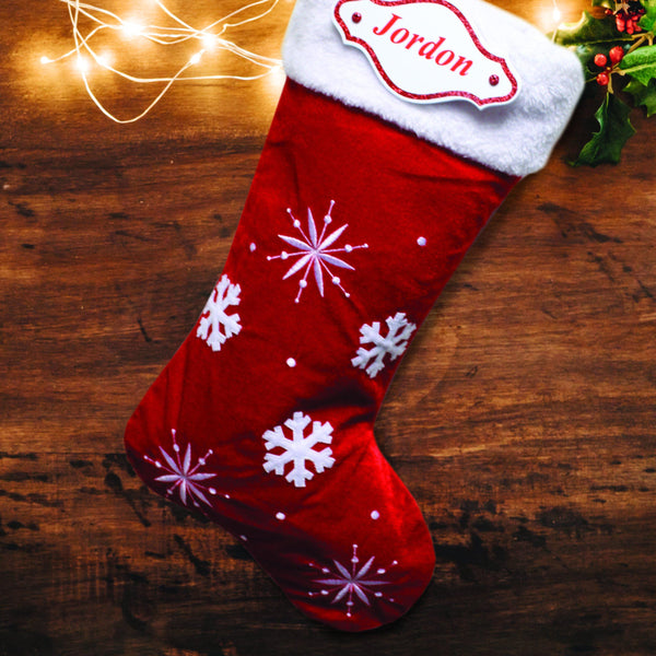 Christmas Stocking Red Snowflake Stocking with Personalised Plaque