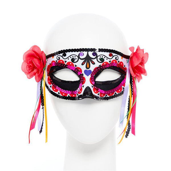 Front View Day of the Dead Masquerade Mask with Ribbons