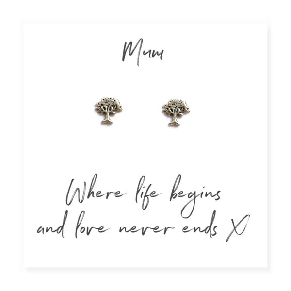 Family Tree Earrings on Message Card For Mum - Message Reads "Mum Where Life Begins And Love Never Ends x"