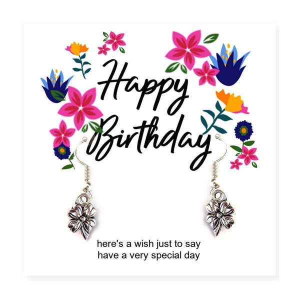 Happy Birthday Flower Earrings on Message Card - Card Reads Happy Birthday "Here's A Wish Just To Say Have A Very Special Day"