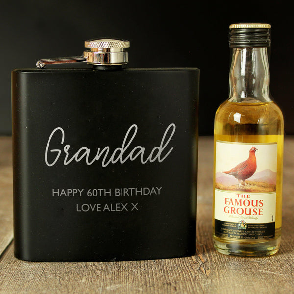Hip Flask Gift Set Black Hip Flask and Miniature Famous Grouse