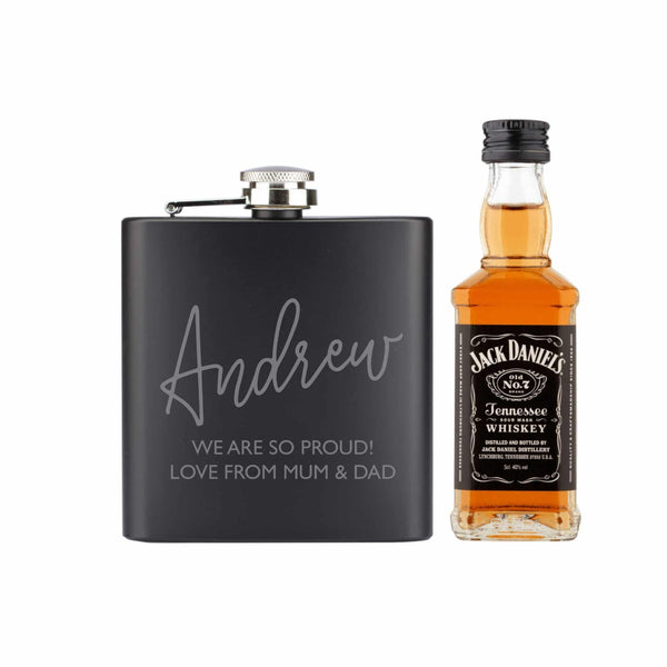 Hip Flask Gift Set Black Hip Flask and Miniature Jack Daniels