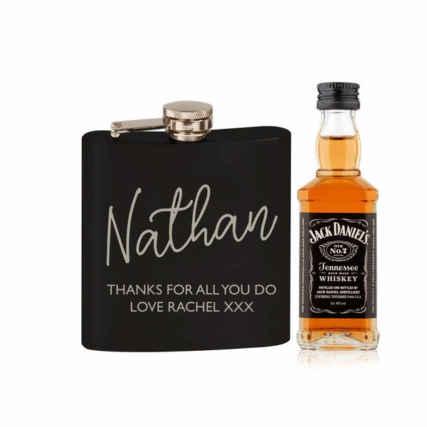 Hip Flask Gift Set Black Hip Flask and Miniature Jack Daniels