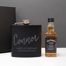 Black Hip Flask and Miniature Jack Daniels