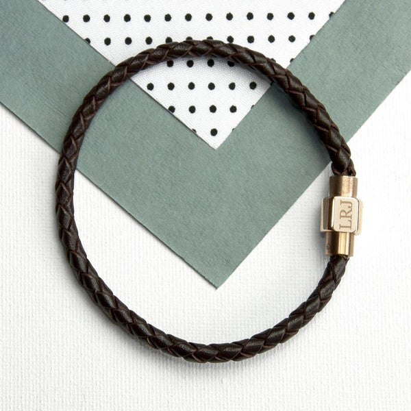 Men's Bracelet Personalised Men's Woven Leather Bracelet With Gold Clasp