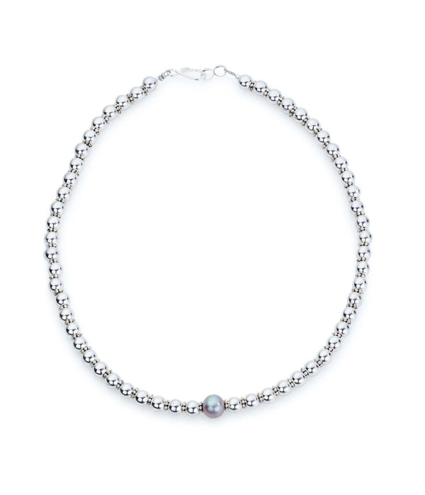 Necklace Silver Ball Necklace With Featured Grey Pearl