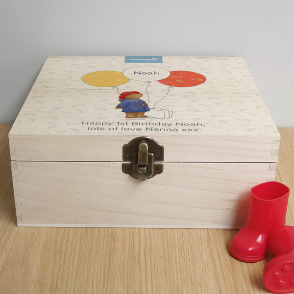 Paddington Bear Balloon Hinged Memory box - Wooden Box Featuring Paddington Bear Holding Three Balloons With A Noah's Name On The Middle Balloon