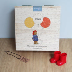 Paddington Bear Balloon Hinged Memory box - Paddington Bear Holding Olivia's Name On A White Balloon Which Is Nestled Between A Red And Yellow Balloon 