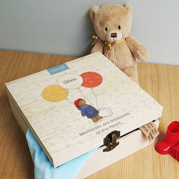 Paddington Bear Balloon Hinged Memory box - Wooden Box Featuring Paddington Bear Holding Three Balloons With A Personalised Name On The Middle Balloon