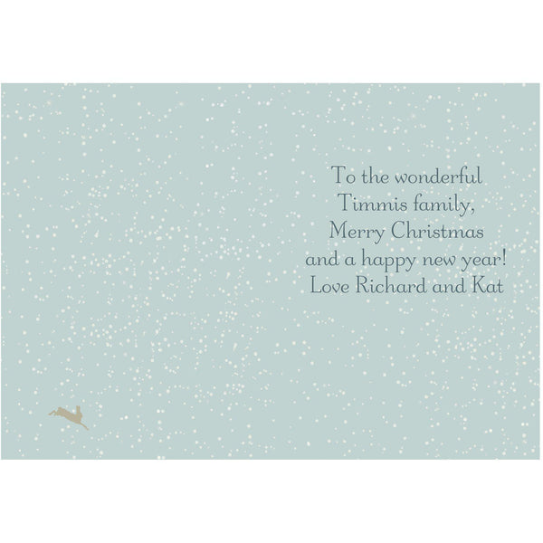 Personalised A Winter's Night Card - Snowy Scene Inside The Card With A Hare Running In The Bottom Left