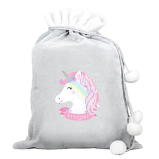 Personalised Christmas Unicorn Luxury Silver Grey Pom Pom Sack -  Personalised For Imogen
