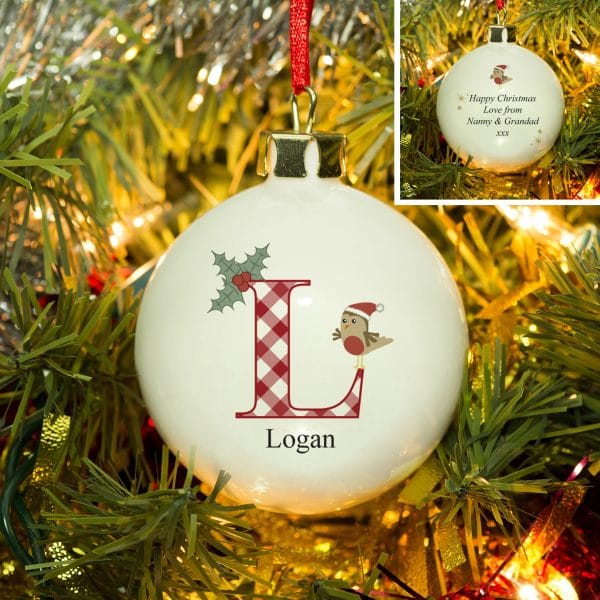 Little Robin Bauble With A Big Initial Featuring A Robin And Holy With A Personalised Name Under The Initial L_1