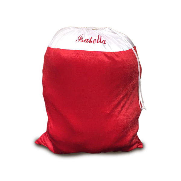 Personalised Santa Sack - Red And White With A Personalised Name In Red Text On The White Background