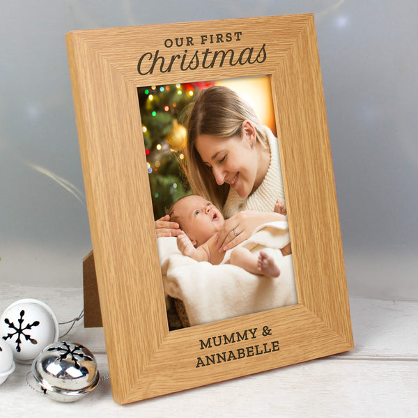 Photo Frame Personalised 'Our First Christmas' 6x4 Oak Finish Photo Frame