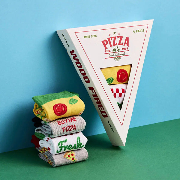 Pizza themed socks in a pizza slice box