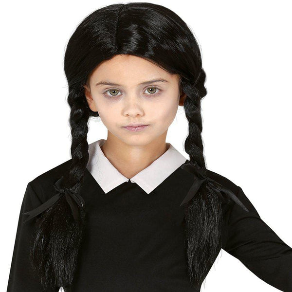 A young Wednesday Addams style black Gothic wig work by a child