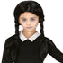 A young Wednesday Addams style black Gothic wig work by a child