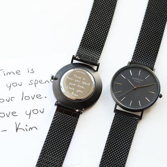 Handwriting Engraving - Men's Minimalist Watch + Pitch Black Mesh Strap -  Handwrite Your Message And Get It Engraved On The Back Of The Watch