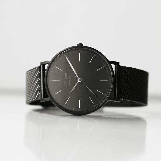 Handwriting Engraving - Men's Minimalist Watch + Pitch Black Mesh Strap =  Face Close Up