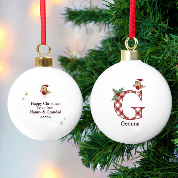 Little Robin Bauble With A Big Initial Featuring A Robin And Holy With A Personalised Name Under The Initial G