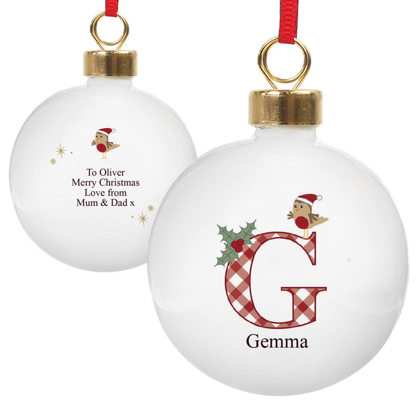 Little Robin Bauble With A Big Initial Featuring A Robin And Holy With A Personalised Name Under The Initial G_1