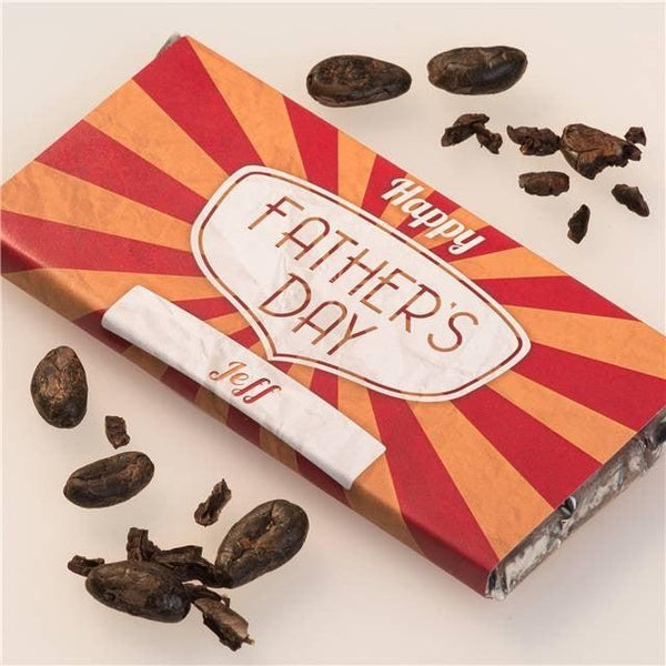 Personalised Father's Day Chocolate Bar - The Text Read's "Happy FATHERS DAY Jeff" On A Red And Orange Cover