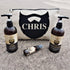 Personalised Beard Kit - Beard Shampoo, Conditioner And Oil Standing In Front Of A Beard Bag With Chris  Personalised In The Beard
