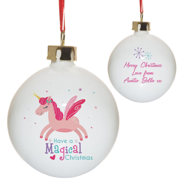 Magical Christmas Bauble - White Bauble With A Pink Unicorn On The Front And A Personal Pink Text Message On The Back