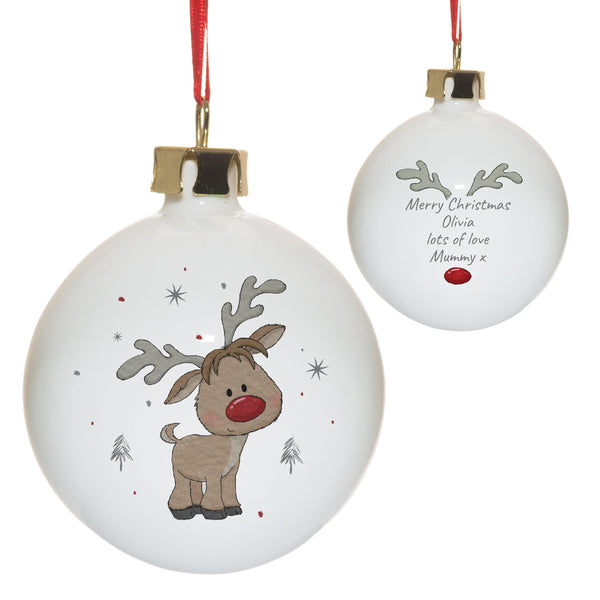 Little Reindeer Bauble - Rudolph On The Front And A Personal Message On The Back Inbetween Some Antlers And Rudolphs Shiny Red Nose