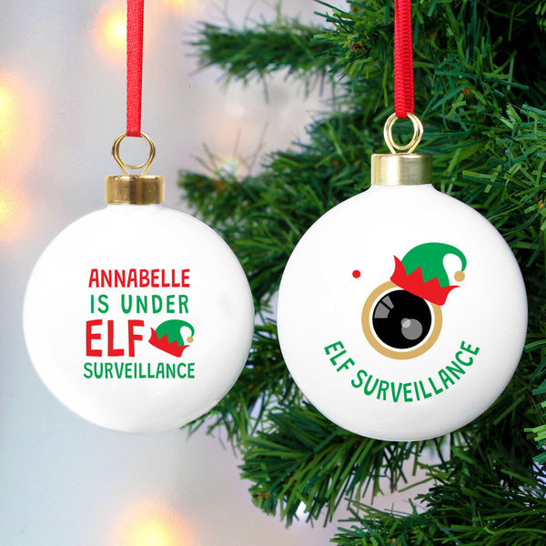 Elf Surveillance Bauble with text on the reverse