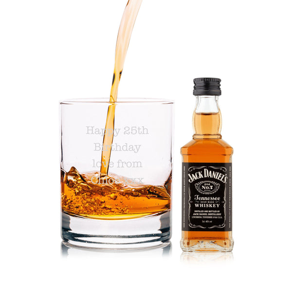 A Jack Daniels Being Poured Into A Tumbler With A Miniature Jack Daniels, Happy 25th birthday message
