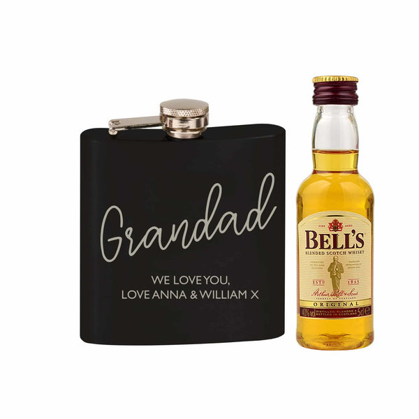 Personalised with Grandad Black Hip Flask and Miniature Bells_2