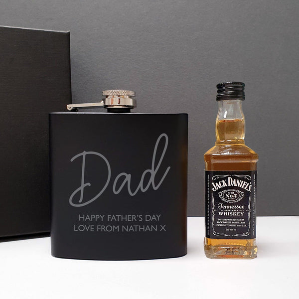 Black Hip Flask and Miniature Jack Daniels - Personalised For Dad