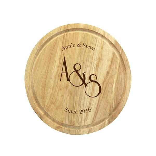 Monogram Wooden Round Cheese Board - 2 Name Positioned At The Top With The Monogram Centered With A Significant Date At The Bottom 