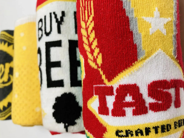 Close up of beer themed socks