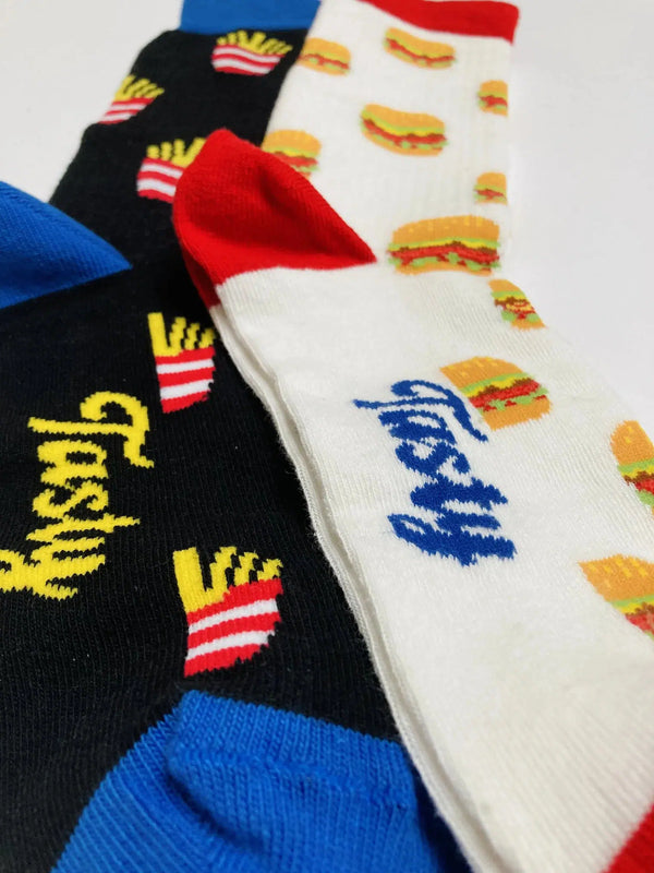Close up of burger and chips socks