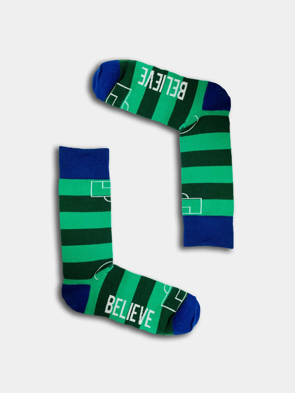 Believe blue, green and white football pitch socks
