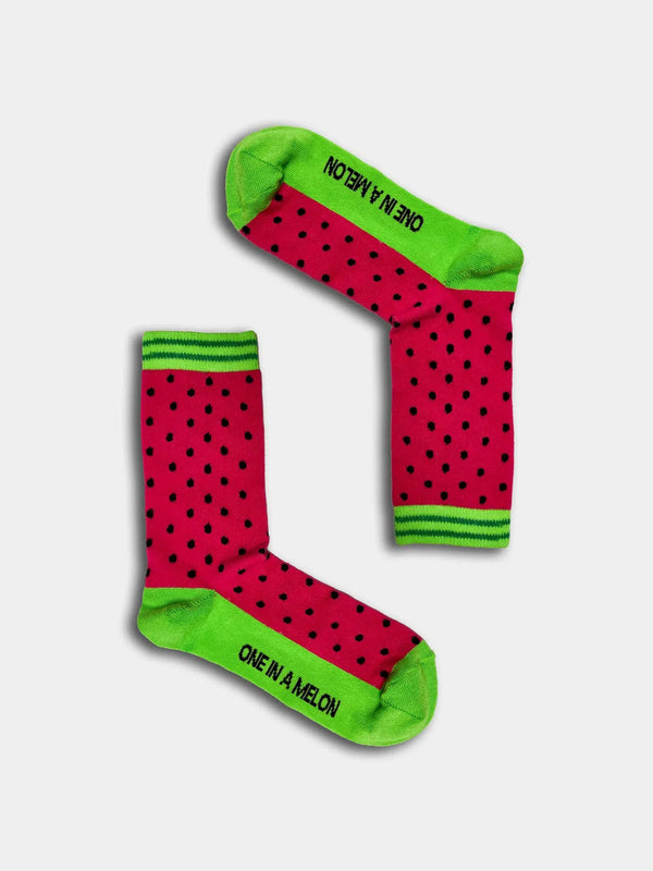 Water Melon themed socks with text that reads 