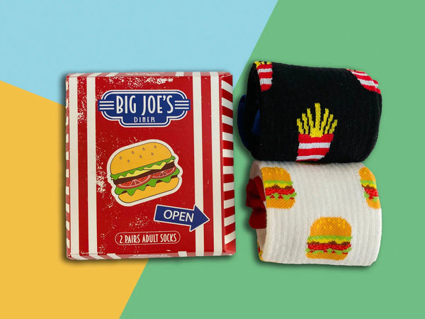 Big Joes Diner burger sock box with burger and chips socks